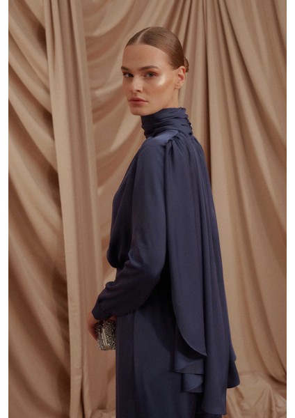 Pelerinli Saten Abiye Tulum Lacivert modelleri