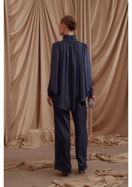 Pelerinli Saten Abiye Tulum Lacivert indirimleri