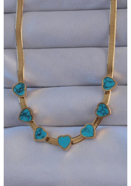 E-Bijuteri Çelik Gold Renk Italyan Zincir Mavi Mermer Desen Kalp Kolye