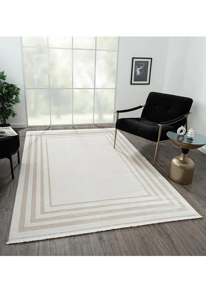 Elegance EG003A Krem Halı Bej Kenar Çerçeveli Modern Viskon Doğal Iplik Bambu Halı