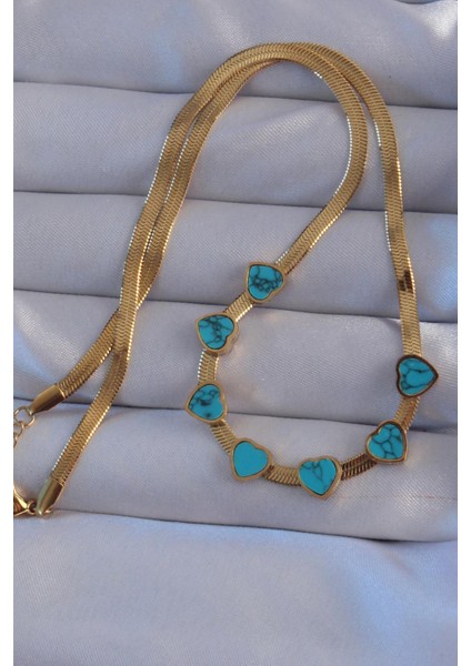 E-Bijuteri Çelik Gold Renk Italyan Zincir Mavi Mermer Desen Kalp Kolye fiyatları