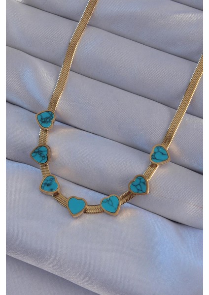 E-Bijuteri Çelik Gold Renk Italyan Zincir Mavi Mermer Desen Kalp Kolye modelleri