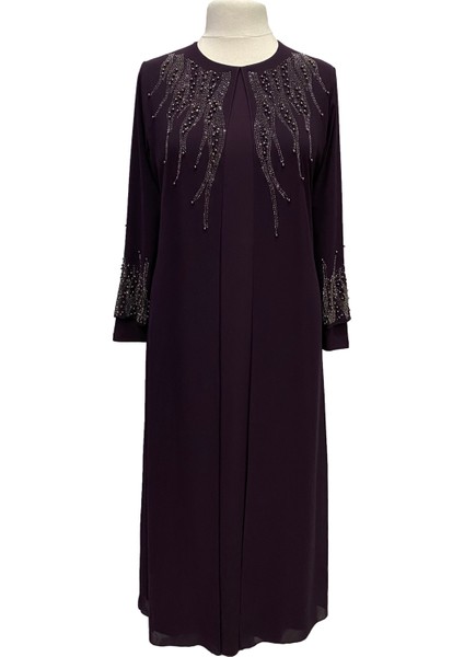 Mürdüm Alya Büyük Beden Şık Taş Işlemeli Anne Abiye Elbise