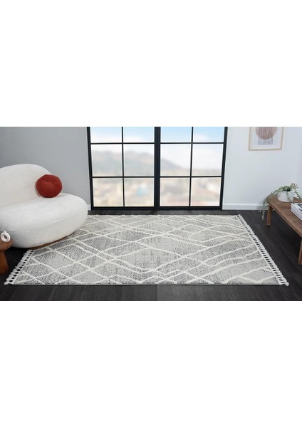 Wool WL003A Gri Halı Antrasit Detaylı Sisal Bukle Dekoratif Kabartmalı Halı Antialerjik