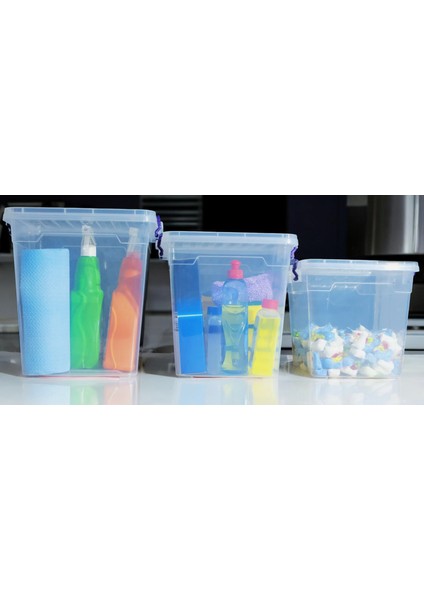 3 Lü (15-11-7,7 ) Litre Plastik Kilitli Kapaklı Dikey Derin Saklama Düzenleme Depolama Deterjan Kutusu
