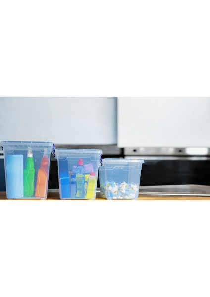 3 Lü (15-11-7,7 ) Litre Plastik Kilitli Kapaklı Dikey Derin Saklama Düzenleme Depolama Deterjan Kutusu
