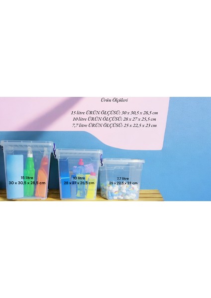 3 Lü (15-11-7,7 ) Litre Plastik Kilitli Kapaklı Dikey Derin Saklama Düzenleme Depolama Deterjan Kutusu