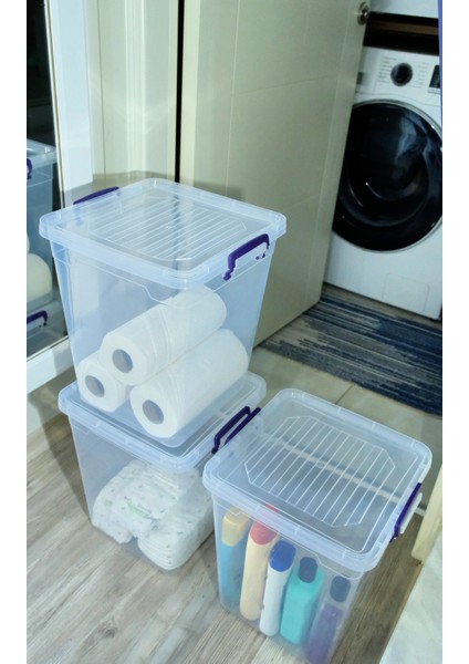 20 Litre 3 Adet Plastik Kilitli Kapaklı Dikey Derin Saklama Düzenleme Kabı