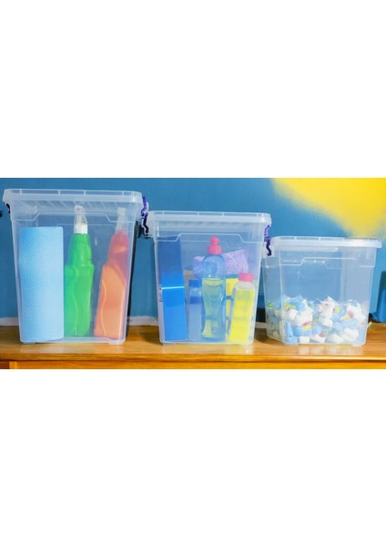3 Lü (15-11-7,7 ) Litre Plastik Kilitli Kapaklı Dikey Derin Saklama Düzenleme Depolama Deterjan Kutusu