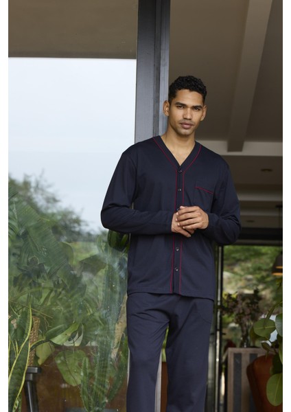 Erkek Uzun Kol V Yaka Önden Düğmeli Lacivert Pijama Takımı C4T3N0O6