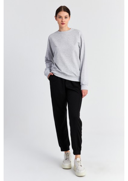 Kadın Gri Melanj Bisiklet Yaka Oversize Örme Sweat