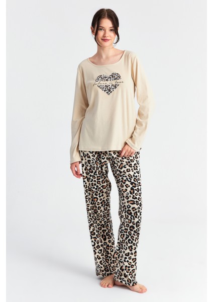 Kadın Leopar Kalp Desen Bis Yaka Düğmeli Pantolon Takım