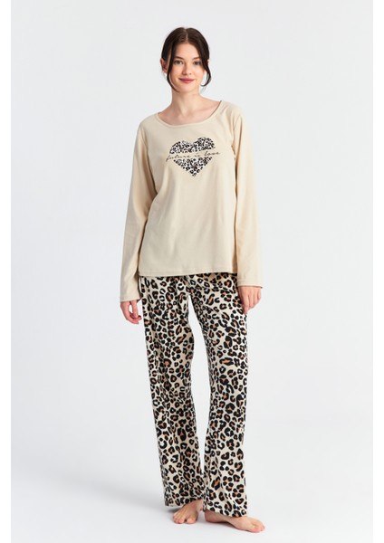 Kadın Leopar Kalp Desen Bis Yaka Düğmeli Pantolon Takım modelleri