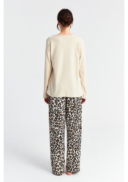 Kadın Leopar Kalp Desen Bis Yaka Düğmeli Pantolon Takım fırsatları