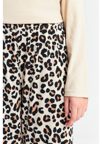 Kadın Leopar Kalp Desen Bis Yaka Düğmeli Pantolon Takım indirimleri