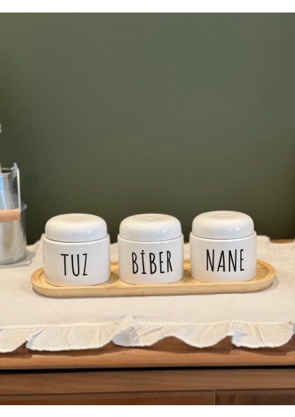 3'lü Porselen Salt-Pepper-Sugar Standlı Kavanoz Baharatlık Seti