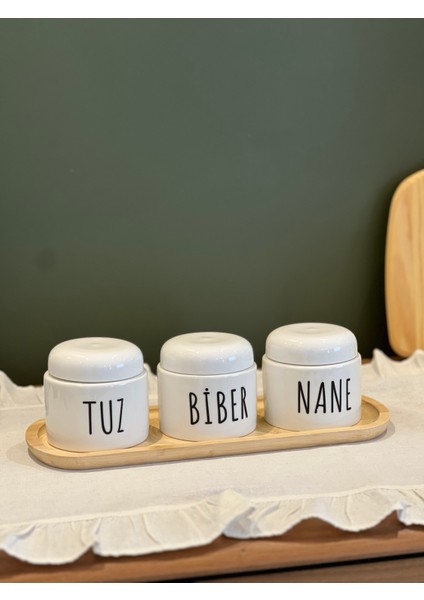 3'lü Porselen Salt-Pepper-Sugar Standlı Kavanoz Baharatlık Seti