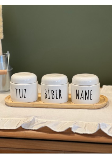 3'lü Porselen Salt-Pepper-Sugar Standlı Kavanoz Baharatlık Seti