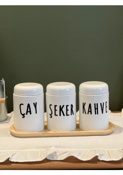 3'lü Porselen Tea-Sugar-Coffee Standlı Kavanoz Seti