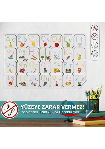 Resimli Türkçe Alfabe, Yüzeye Zarar Vermeyen Sihirli Akıllı Kağıt Yazı Tahtası, Alfabe Öğreniyorum