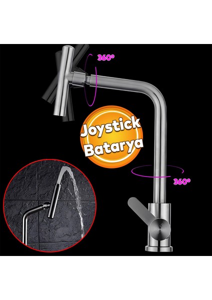 Mutfak Bulaşık Musluğu Lavabo Bataryası Sıcak Soğuk Su Girişli Joystick 360° Evye Musluk Batarya