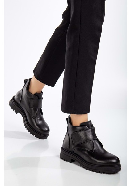 Kadın Deri Cırtlı Kolay Giyim Günlük Bot - Siyah