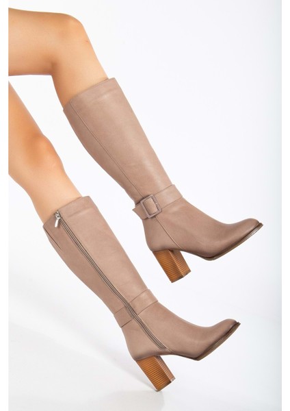 Kadın Hakiki Deri Toka Detaylı Topuklu Çizme - Taş