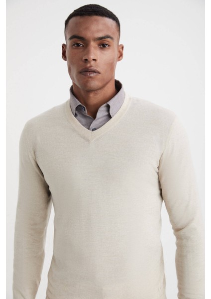 V Yaka Açık Bej Merino Yün Triko modelleri