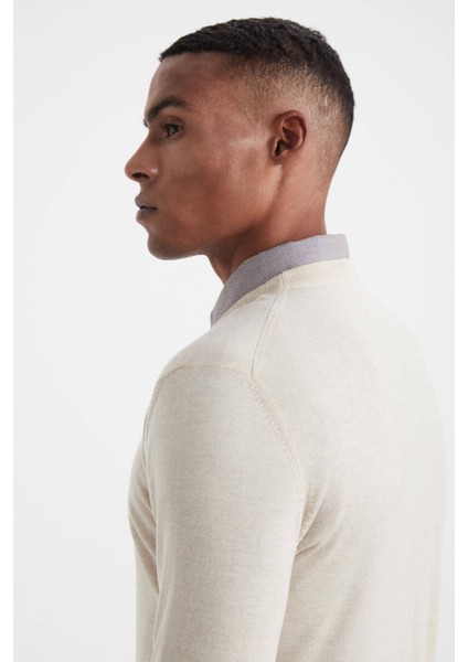 V Yaka Açık Bej Merino Yün Triko indirimleri