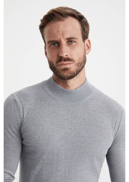 Yarım Balıkçı Yaka Merino Yün Açık Gri Triko