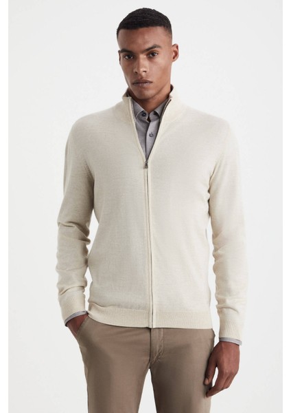 Extrafine Merino Fermuarlı Açık Bej Triko Hırka