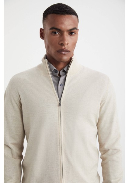 Extrafine Merino Fermuarlı Açık Bej Triko Hırka modelleri