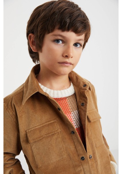 Metal Düğmeli Pamuk Camel Çocuk Gömlek