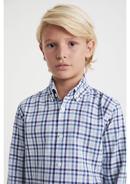 Kaşmir Pamuk Karışımlı Kare Desenli Lacivert Çocuk Gömlek