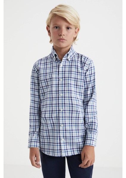 Kaşmir Pamuk Karışımlı Kare Desenli Lacivert Çocuk Gömlek modelleri