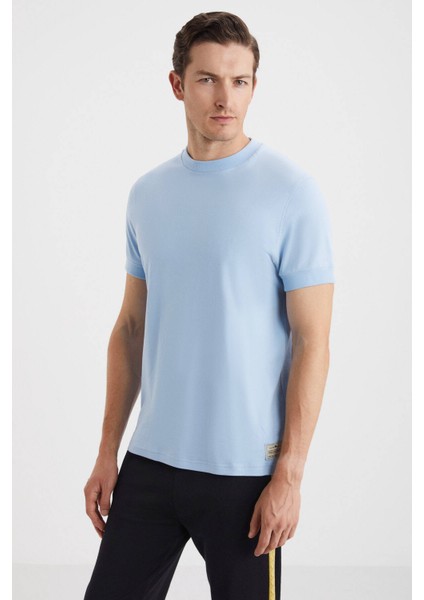Bisiklet Yaka Mavi Saf Pamuk T-Shirt