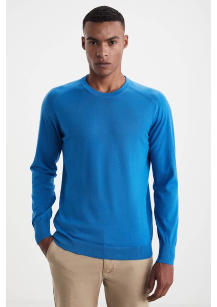 Extrafine Merino Mavi Bisiklet Yaka Triko
