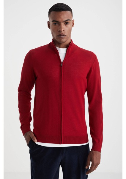 Extrafine Merino Fermuarlı Kırmızı Triko Hırka