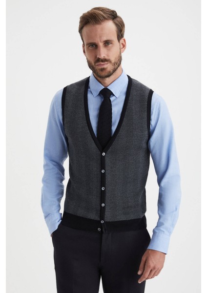 Herringbone Desen Siyah Extrafine Merino Triko Yelek