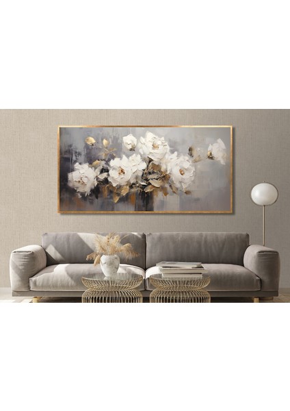 Yağlı Boya Dokulu Tablo Vazoda Beyaz Modern Çiçekler U02035