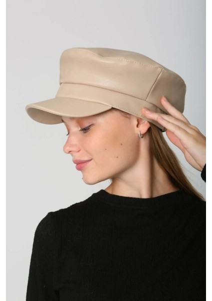 Kadın Deri Kaptan Denizci Şapka Rkş-09 Bej