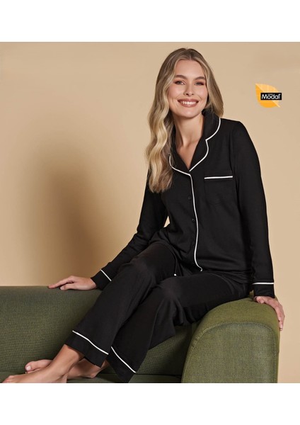 Kadın Gömlek Uzun Kol Modal Cep Detaylı Pijama Takımı