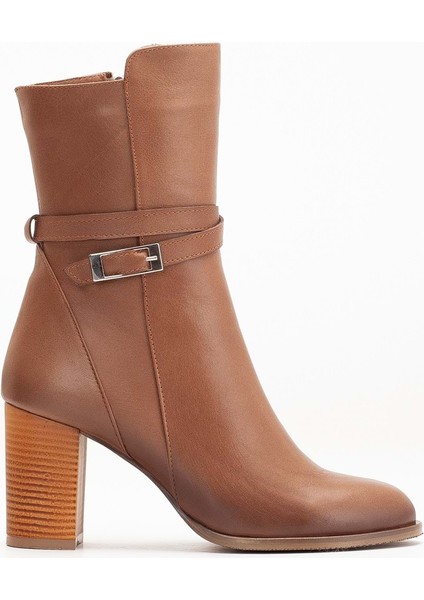 Kadın Deri Toka Detaylı Şık Topuklu Bot - Ceviz modelleri