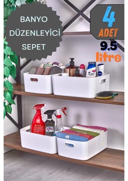 4'lü Tidybox Büyük Boy 9.5 Lt Basic Banyo Organizeri Sepet, Dekoratif Buzdolabı Düzenleyici