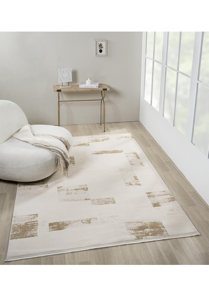 Truva TV035S Krem Rengi Gold Geometrik Detaylı Akrilik Yumuşak Modern Salon Halısı