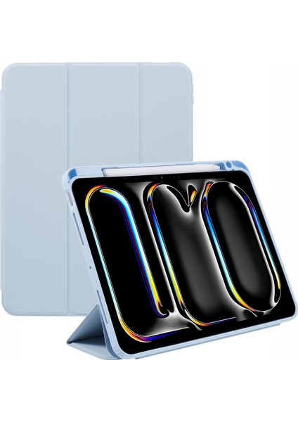 iPad Pro 11 (2024) Üç Katlı Stand Kalem Yuvalı Şeffaf Arka Deri Kapak (Yurt Dışından)