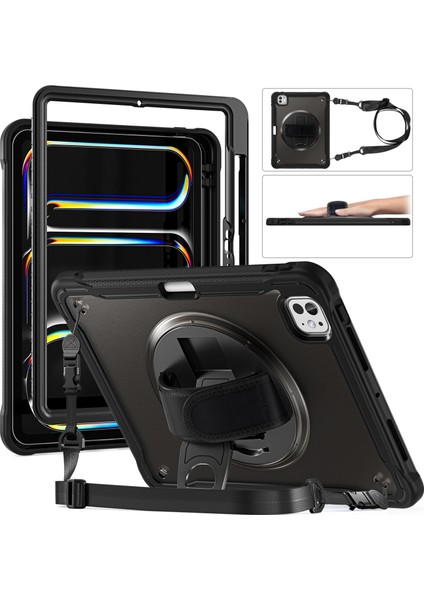 iPad Pro 11 (2024) El Kayışı Kickstand Pc+Tpu+Silikon Kapak ve Omuz Askısı (Yurt Dışından)