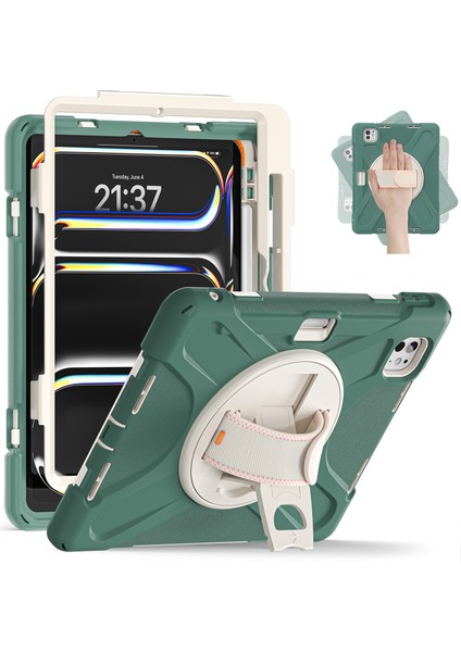 iPad Pro 11 (2024) 360 Derece Döner El Kayışı Tpu+Pc+Silikon Kickstand Tablet Kapağı (Yurt Dışından)