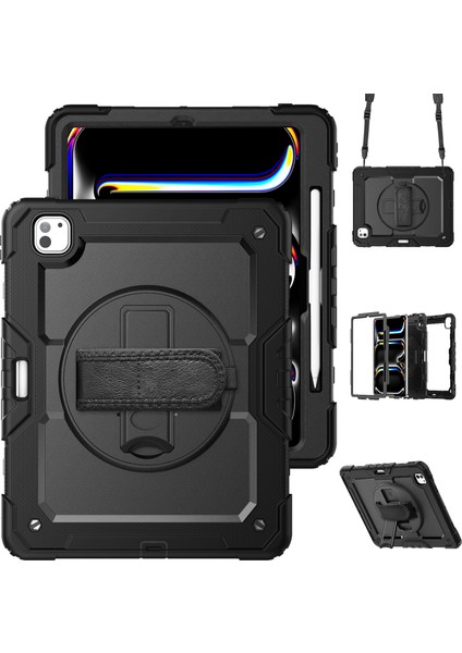 iPad Pro 13 (2024) Kickstand Kılıf Pc+Silikon Tablet Kılıfı ve Omuz Askılı (Yurt Dışından)
