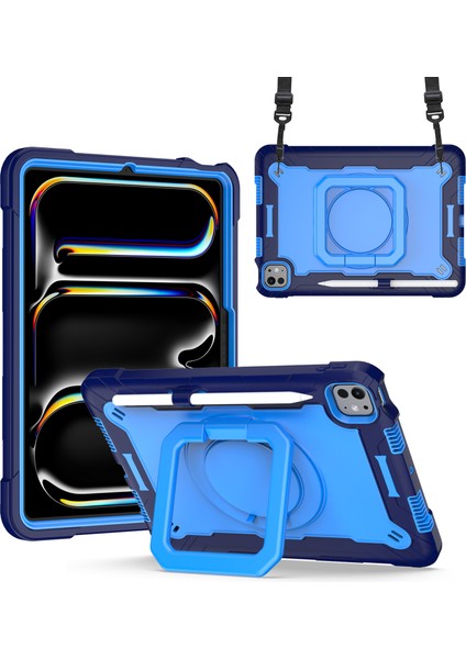 iPad Pro 11 (2024) Döner Destek Standı Pc+Silikon Tablet Kılıfı ve Omuz Askısı (Yurt Dışından)